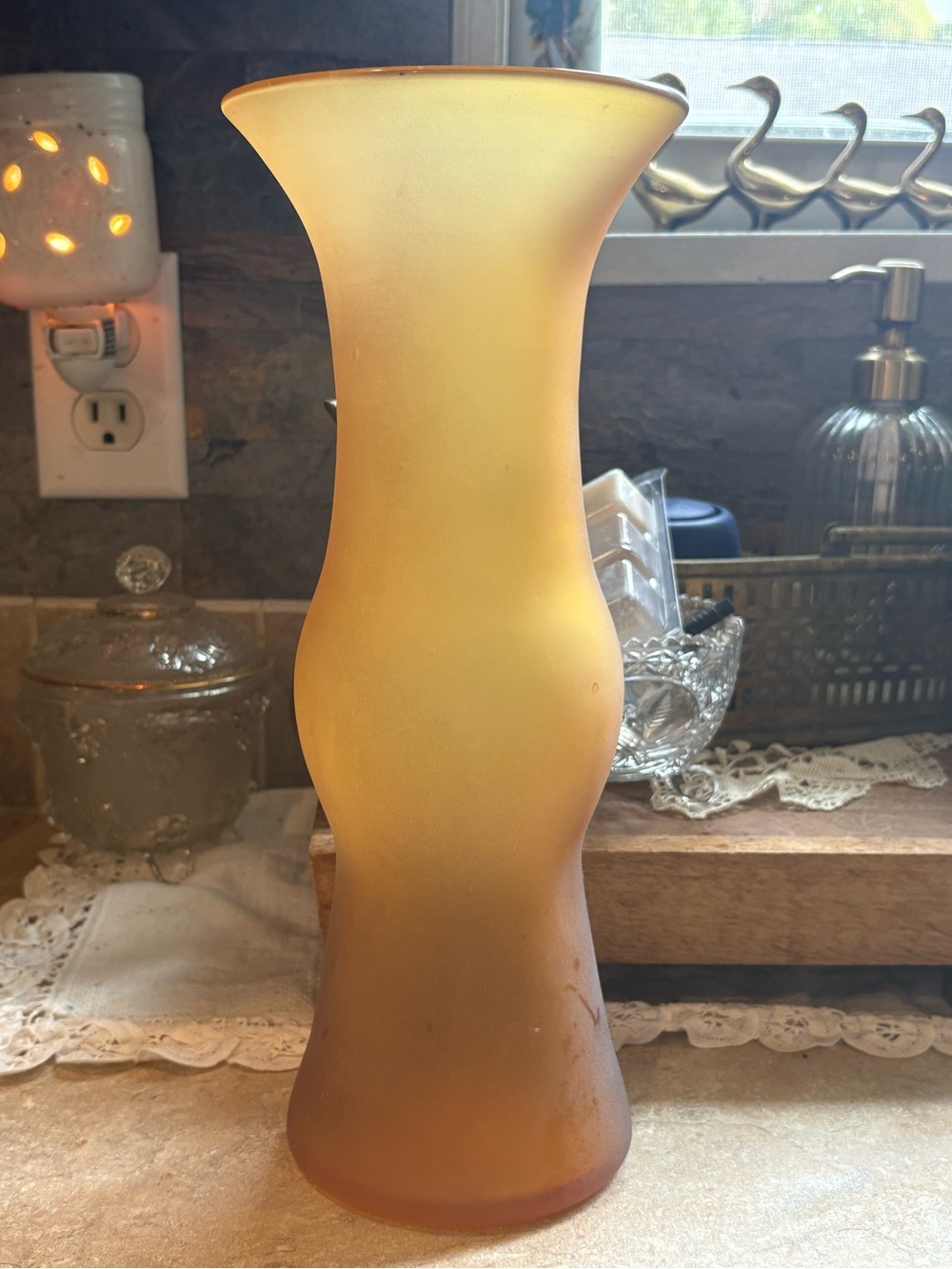 Vintage Blenko 12” Amber Frosted Satin Art Glass Vase Hand Blown MCM Label USA